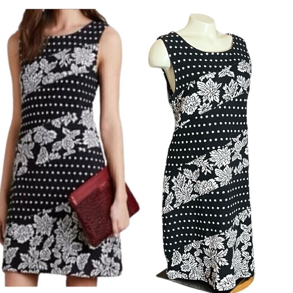 Anthropologie Maeve Effemy Polka Dot‎ Jacquard Black & White Aline  Dress L